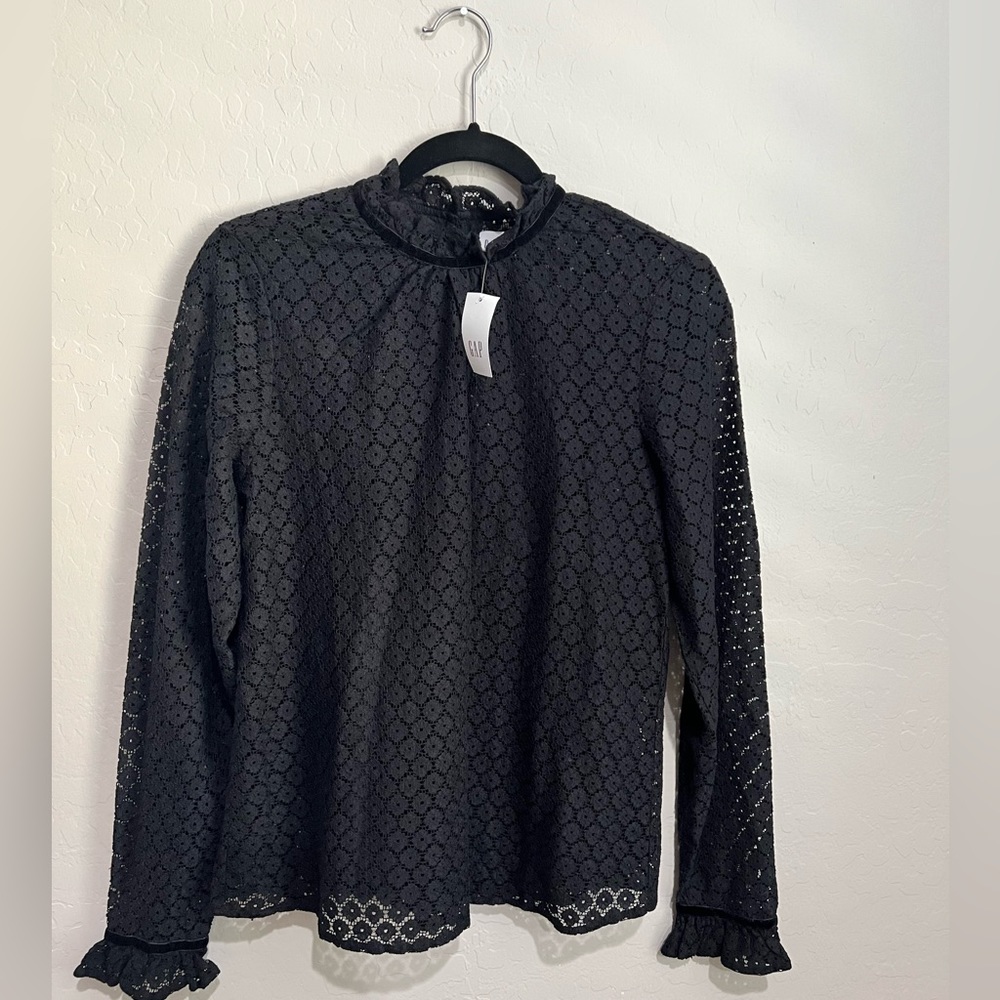 Gap Black Lace Cut Out Blouse with Velvet Accents and Long Sleeves, Size Small